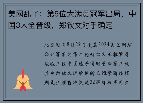 美网乱了：第5位大满贯冠军出局，中国3人全晋级，郑钦文对手确定