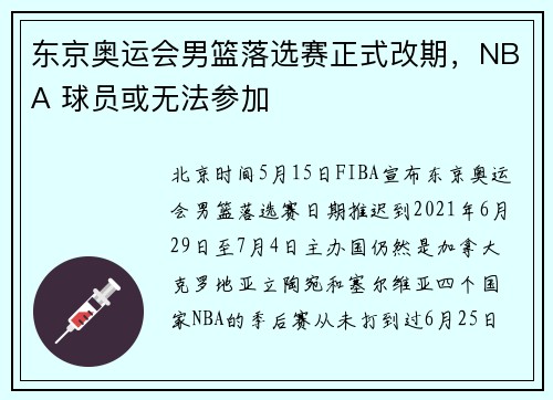 东京奥运会男篮落选赛正式改期，NBA 球员或无法参加