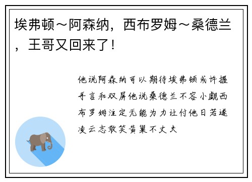 埃弗顿～阿森纳，西布罗姆～桑德兰，王哥又回来了！