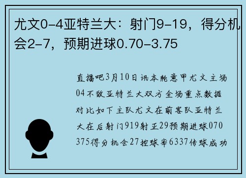 尤文0-4亚特兰大：射门9-19，得分机会2-7，预期进球0.70-3.75