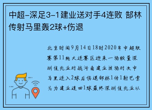 中超-深足3-1建业送对手4连败 郜林传射马里轰2球+伤退